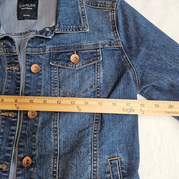 Cavalini Denim Collection Jacket Small Long Sleeve Blue Jean Factory Distressing - Picture 8 of 9